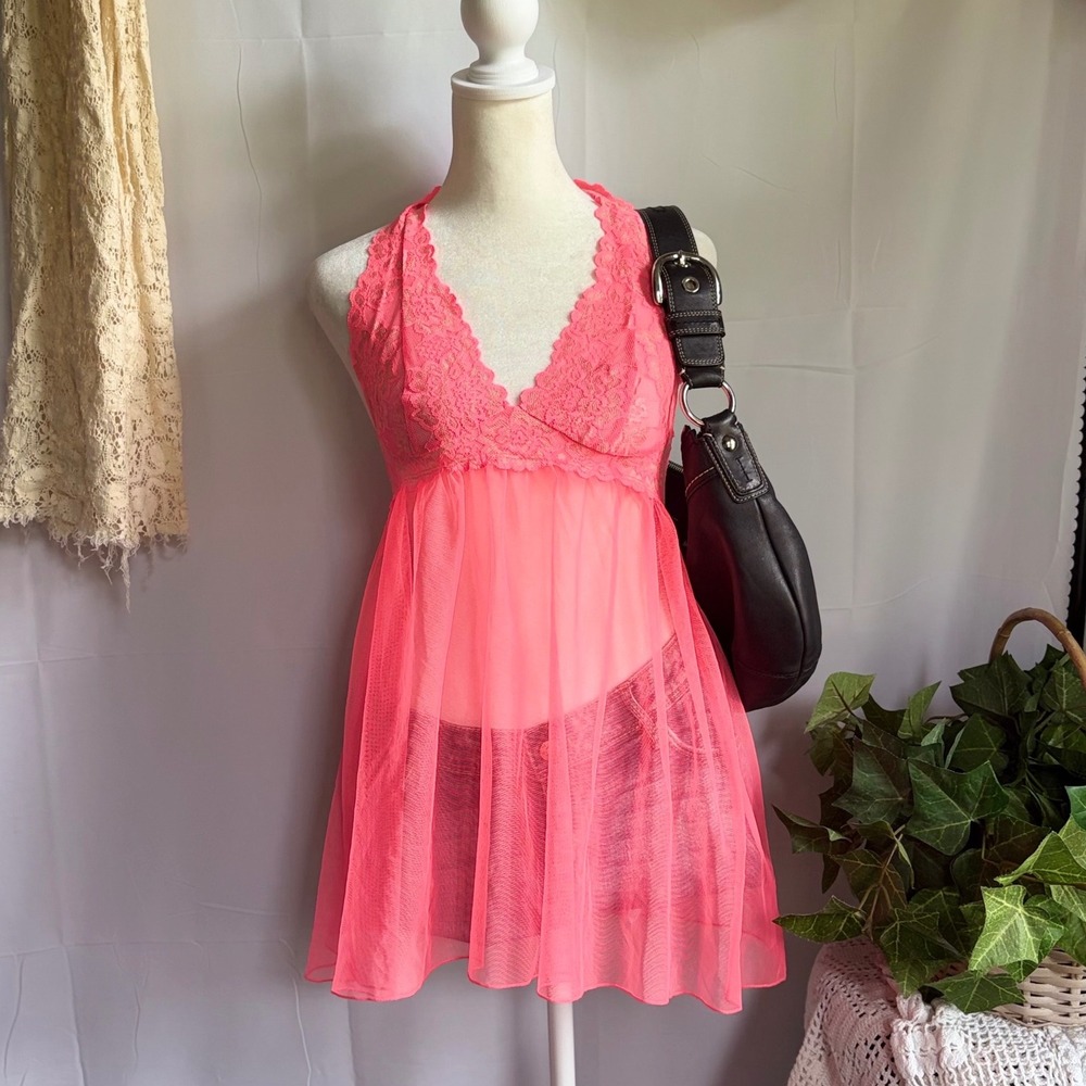 Victoria's secret Babydoll Neon Pink Lace Mesh Babydoll Chemise Halter Lingerie